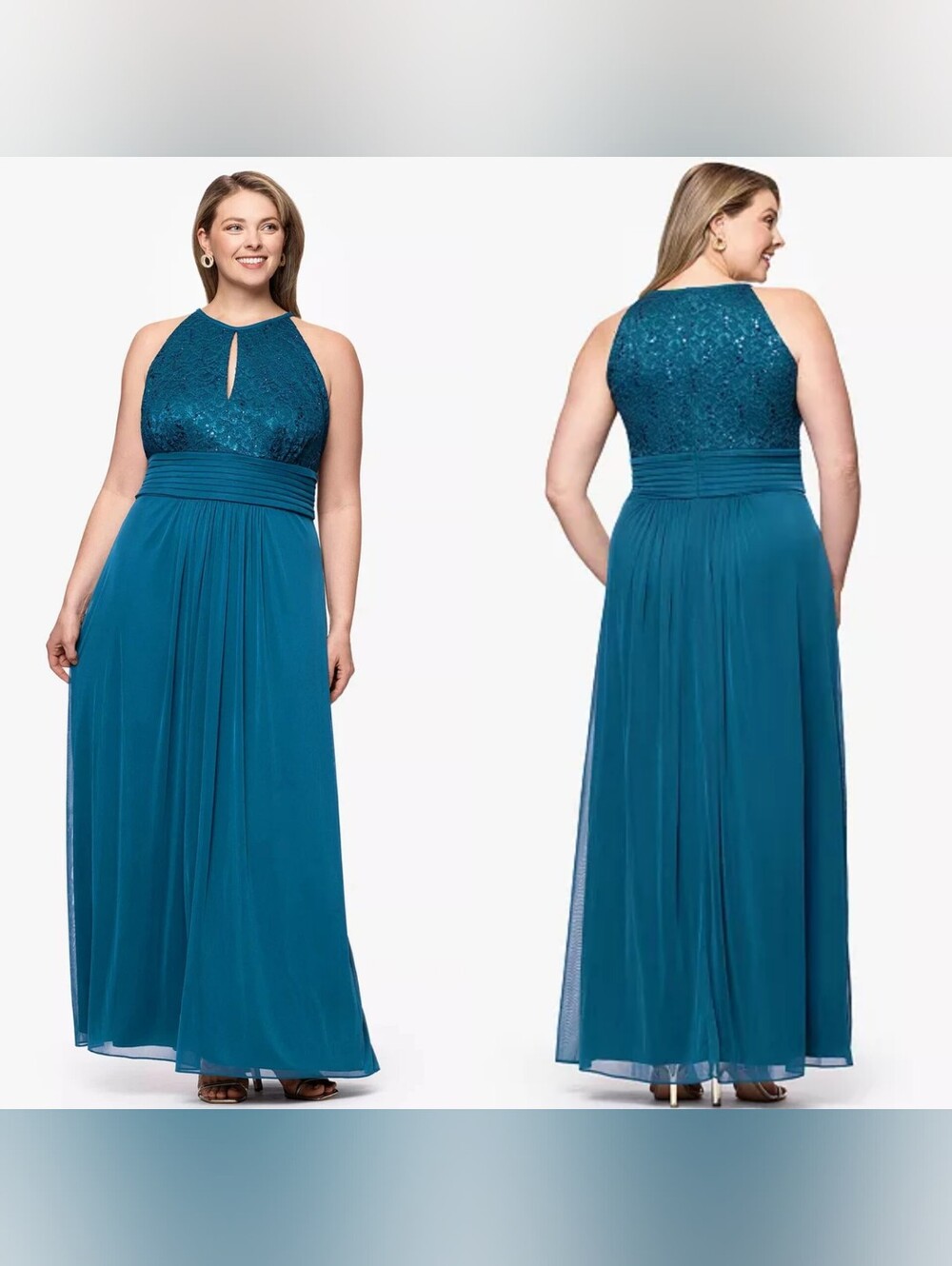 B&A By Betsy and Adam Lace Long Halter A Line Dress 14W Wedding Formal Party